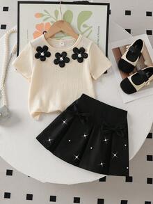 两件套：韩版时尚女童黑色钻石花朵短袖T恤+蝴蝶结珍珠百褶裙，休闲、度假、夏季时尚穿搭 - 杏色 - 查看 6