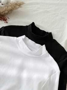 Tseoso 2pcs Women High Neck Tight Fit Long Sleeve Base Layer T-Shirt Set,White And Black,Winter,Casual,School,Back-To-School,95% Cotton Turtleneck Mock Tops - Multicolor - View 4