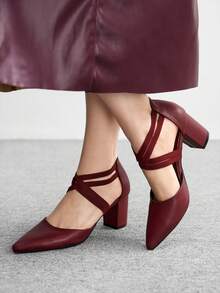 CUCCOO BIZCHIC 女士时尚酒红色弹力踝带尖头粗跟高跟鞋，适合通勤、约会、派对、婚礼、假日等场合。 - 酒紅色 - 查看 3