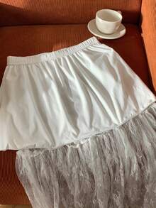 Comfortcana 女士弹性腰部蕾丝拼接白色长款优雅 A 字裙 - 白色 - 查看 7