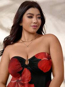 Elenzga Atasan Bustier Rajut Elegan untuk Wanita Ukuran Besar dengan Kancing Dekoratif, Motif Bunga Digital Acak, Hitam - Hitam - View 4