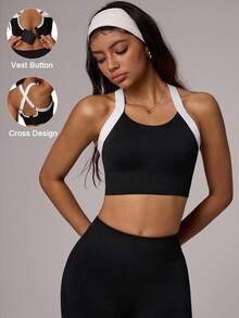 Dewbera Women's Contrast Color Patchwork Criss-Cross Strap Sports Bra Adjustable Strap Workout Black And White Sports Bra Cross Back Bra Bra Hook And Eye Closure - Black - View 2