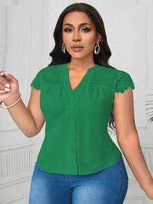 SHEIN Clasi Plus Size Contrast Lace V-Neck Textured Fabric Blouse - Dark Green - View 6