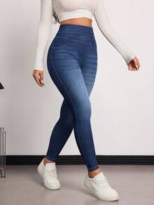 SHEIN Tall Winter Summer Women's High-Stretch Comfort Knit Denim High Waist Skinny Casual Versatile Blue Denim Jeans - Dark Wash - View 2