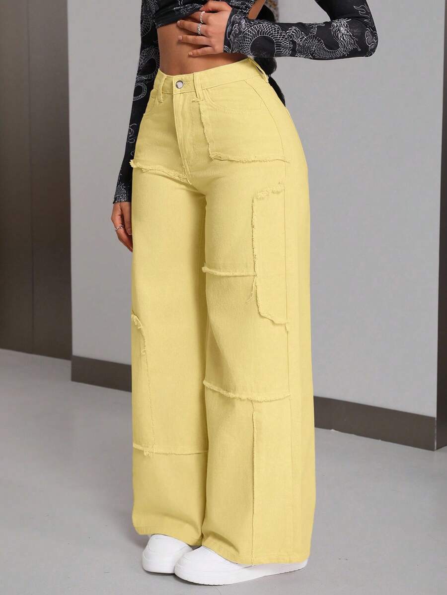 SHEIN PETITE Women's Solid Color Casual Jeans - Yellow - View 1