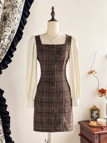 Vintamour 复古经典优雅女士连衣裙，秋冬款，修身剪裁，撞色拼接，格子连衣裙，棕色连衣裙，方领短款连衣裙，长袖连衣裙 - 棕色 - 查看 3
