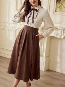 Vintamour Vintage Elegant Women's Dress With Pockets Contrast Color Pleated Pearl Button Shirt Dress Casual Commute Holiday Dress Winter Dresses Women's Winter Dress Winter Clothes For Women New Year Dress Women's New Year's Eve Dresses New Year Outfit New Year Clothes Elegant Dresses For Women Elegant Dresses For Ladies Vacation Outfits Women Elegant Dresses For Party Spring Outfit Women Spring Break Outfits Spring Dress Women Brown Dress - Brown - View 5