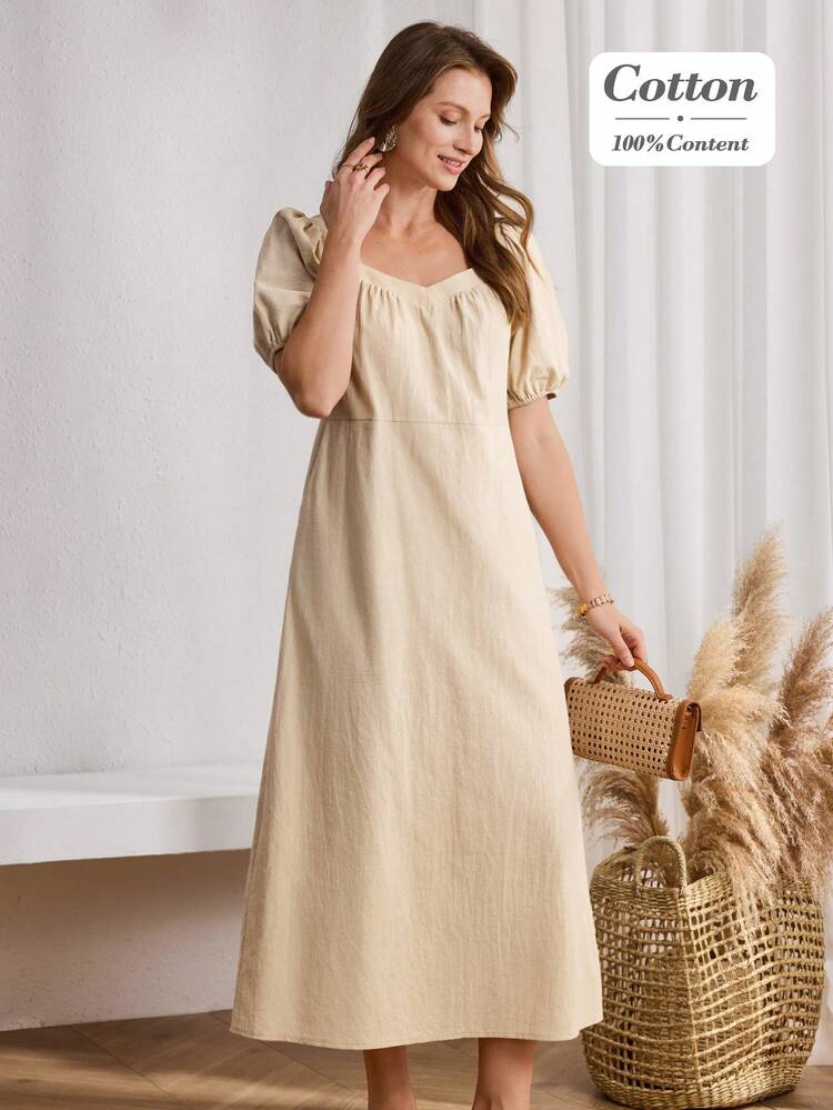This Women's Vacation Dress Features A Soft, Light Apricot Color, Exuding A Warm And Soothing Relaxed Feel. The Floral Pattern Is Crafted From A Solid-Color Textured Cotton Fabric, Subtly Revealing A Gentle Temperament. The Silhouette Is A Square Neckline With Puff Sleeves And A High-Waisted A-Line Maxi Skirt. The Pure Cotton Fabric Is Breathable And Comfortable, While The Retro Square Neckline And Puff Sleeves Add A Touch Of French Romance. Perfect For Spring And Summer, This Dress Is Suitable For Light Vacations, City Strolls, Or Outdoor Afternoon Tea. The Light Apricot Base Conveys A Gentle Style While The Pure Cotton Material Ensures Comfort, Making It A Versatile And Stylish Choice For Your Vacation Wardrobe.