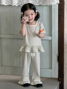 DAZY 2件套女婴条纹方领长袖荷叶边上衣和裤子套装 幼儿女童服装 - 灰色 - 查看 4