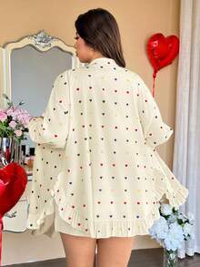 Vionelle Plus Size Women Valentine's Day Heart Print Ruffle Hem Long Sleeve Blouse, Spring/Autumn - Apricot - View 2