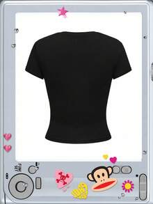 Paul Frank X ROMWE Áo thun tay ngắn cổ tròn ôm vừa vặn họa tiết khỉ đính đá thời trang cỡ lớn, mùa hè - màu đen - Xem 2