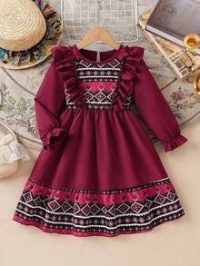 Rochie elegantă pentru fete, cu imprimeu retro, decolteu rotund, tiv cu volane, mânecă lungă, linie A, casual, potrivită pentru vacanță, călătorii, Crăciun, Ziua Îndrăgostiților, purtare zilnică, primăvară/toamnă/iarnă