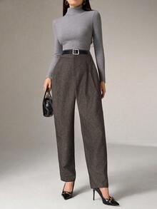 Heiryn 通勤休闲直筒高腰女裤 - 咖啡棕 - 查看 7