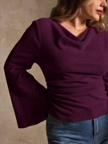 Elegantrix Plus Size Women Loose Collar Flare Sleeve Gathered Waist Ruched Chiffon Knit Casual Top, Autumn/Winter - Burgundy - View 6