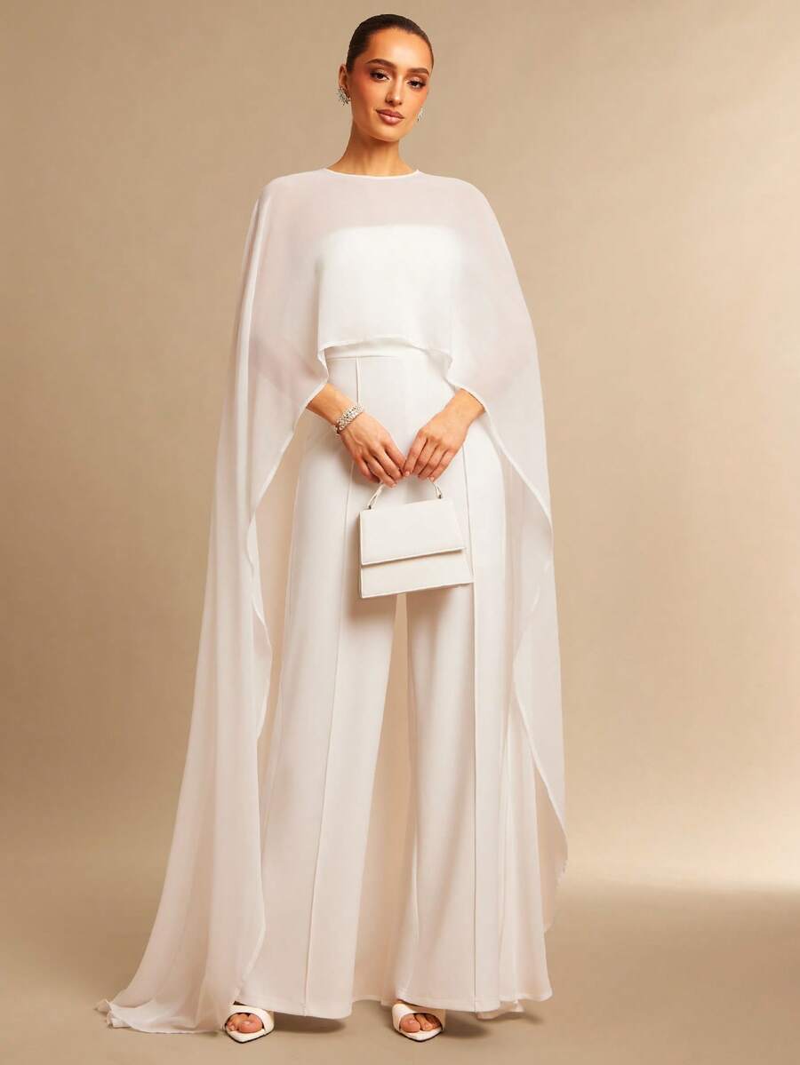 Silquee 女士雪纺无肩带连体裤，纯色，时尚，优雅，宽松 - 白色 - 查看 1