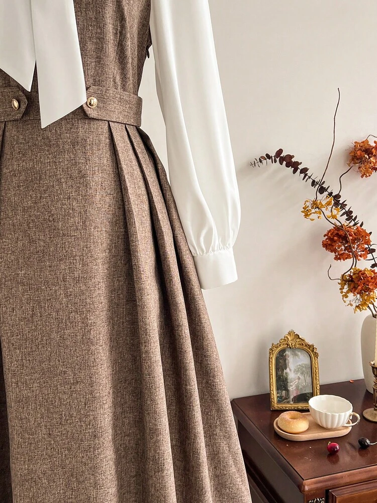 Vintamour Robe vintage classique élégante pour femme, automne/hiver, ajustée, col ruban, couleur contrastée, ceinture à la taille, robe à manches longues marron - Tabac - Voir 3