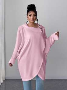 Maweii 大码女式休闲宽松纯色长袖衬衫 - 粉色 - 查看 5