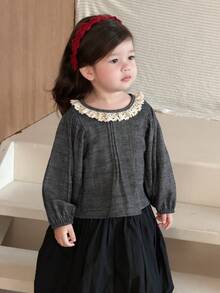 DAZY Toddler Girls' Round Neck Lace Patchwork Long Sleeve Faux Denim Korean Style Top - Grey - View 4