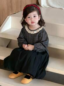 DAZY Toddler Girls' Round Neck Lace Patchwork Long Sleeve Faux Denim Korean Style Top - Grey - View 7