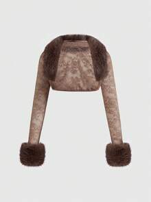 ROMWE J-Fashion Áo crop top hở phía trước phối ren họa tiết cô gái nóng bỏng gợi cảm Y2K cổ lông đen dành cho nữ, có thể kết hợp với áo hai dây hoặc váy - màu nâu - Xem 1