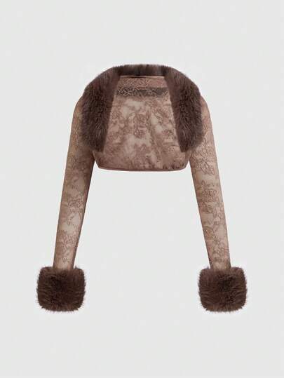 J-Fashion Top court à col en fourrure noire avec bordure en dentelle, style sexy Y2K pour festival de musique. Peut être porté avec un débardeur ou une robe.