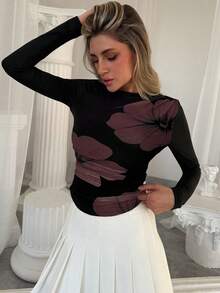 Aloruh Áo thun chui đầu cổ tròn tay dài in họa tiết hoa thanh lịch dành cho nữ thời trang thu đông đa năng - Bụi hồng - Xem 5