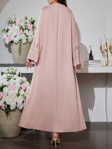 Al Najma V-Neck Drawstring Flare Sleeve Embroidered Patchwork Dress, Spring/Autumn - Pink - View 2