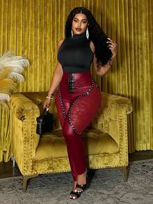 Slaydiva 大码新款秋冬休闲街头性感Y2K辣妹风日常约会生日派对蕾丝拼接PU铆钉装饰前中假门襟和孔眼装饰黑色PU裤情人节 - 酒紅色 - 查看 8