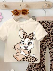 1 Set Baby Girls Lovely Rabbit Ear Leopard Print Round Neck Short Sleeve T-Shirt And Brown Knit Leggings Cute Outfit, Leopard Print T-Shirt Set, Cartoon Rabbit Print Clothing