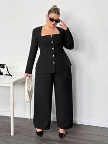 Truni Áo khoác Blazer cổ vuông tay dài cỡ lớn dành cho nữ, thắt eo, đính nút kim loại, phù hợp cho mùa thu/đông - màu đen - Xem 7