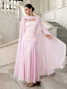 Elenzga 优雅浪漫拼接修身A字连衣裙（女款） - 粉色 - 查看 3