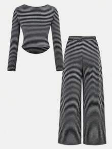 SHEIN Bộ đồ dệt kim sọc xám dài tay cổ chữ U thoải mái, vừa vặn hàng ngày cho bé gái tuổi mới lớn kèm quần ống đứng ống rộng 2 món co giãn, họa tiết sọc - Màu xám đen - Xem 2