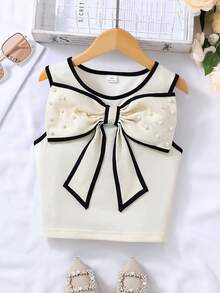 SHEIN 时尚休闲珍珠蝴蝶结可拆卸撞色滚边无袖上衣，适合少女夏季旅行、度假、海滩和户外活动穿着。 - 杏色 - 查看 3