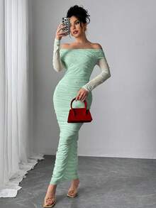 Firerie Women's Elegant Sage Green Off-Shoulder Pearl Decor Ruffle Fitted Slim Summer Party Formal Wedding Date Maxi Dress - Green - View 8