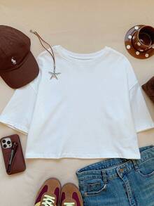 Comfortcana Solid Drop Shoulder Crop Tee - White - View 4