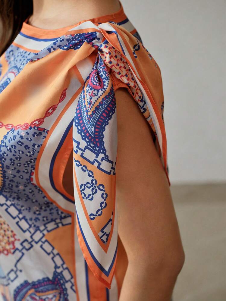WOMEN'S ASYMMETRIC SATIN BLOUSE WITH BOWKNOT ON LEFT SHOULDER, SPRING/SUMMER