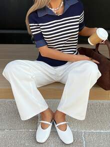 Livesso Women's Striped Casual Short Sleeve Polo Sweater - Navy Blue - View 5