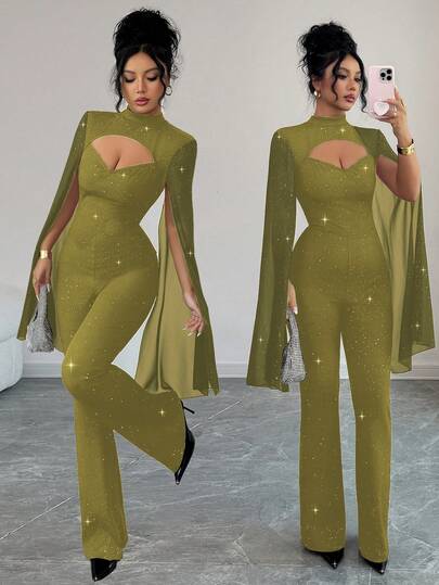 SHEIN Elenzya Bộ đồ liền thân gợi cảm tay áo choàng thiết kế rỗng bóng màu trơn dành cho nữ