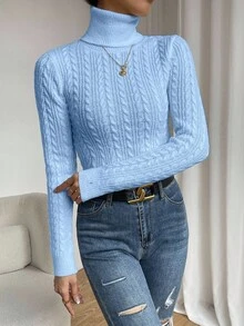 EMERY ROSE Suéter casual de cuello alto de punto trenzado de manga larga y ajuste ceñido para mujer, para otoño/invierno - Celeste - Ver 5