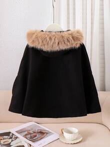 Elladie kids Poncho casual con capucha esponjosa y elegante para niña, color beige, para otoño/invierno - Negro - Ver 2