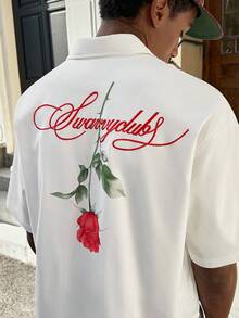 SWAVVY Chemise à manches courtes pour hommes avec imprimé floral et lettres, chemise rose blanche avec design rouge, chemise blanche avec rose blanche, chemise blanche avec rose rouge, t-shirt graphique rose pour les amoureux, Chemise blanche pour la Saint-Valentin - Blanc - Voir 4