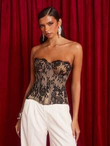 Glamine 女士蕾丝拼布抹胸上衣 - 黑色 - 查看 7