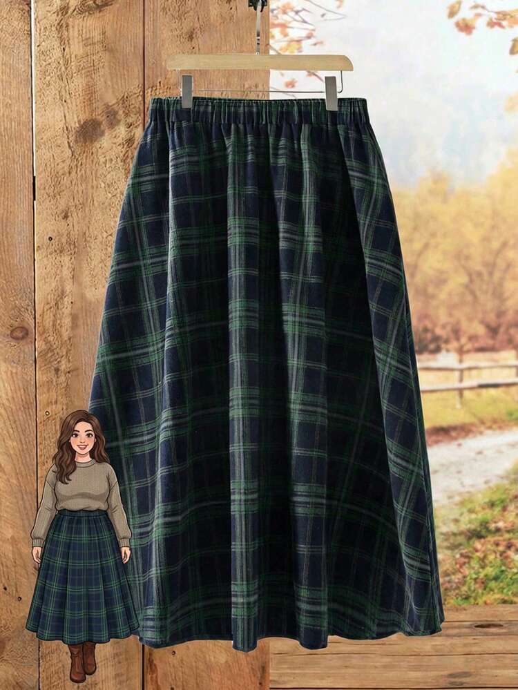 Plus Size Women Country Casual Plaid Elastic Waist Flare Skirt,Winter Women Clothes Plaid Skirt Womentartan Skirtlong Skirt Winter Country Skirt