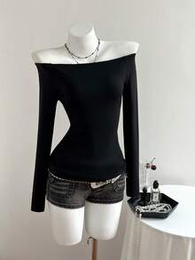 Elamini Women's Casual Off-Shoulder Backless Laser Cut Long Sleeve Tight Fit T-Shirt, All Season - Black - View 3