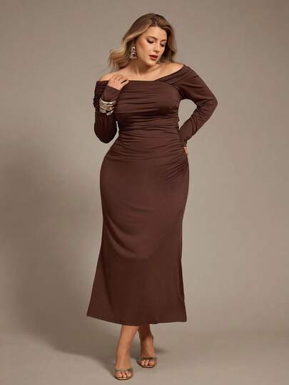 Auralis Cross Shoulder Ruffle Collar Long Sleeve Fitted Waist Mermaid Dress, Elegant For Daily Wear, Ins Vibe Plus Size Dress, Elegant For Banquet, Birthday, Party, Formal Occasions,/Spring Outfits For Women Plus Size Chocolate Off The Shoulder Plus Size Dress Brown Wedding Guest Dress Brown Dress Chocolate Brown Dress Plus Size Brown Dress/Spring/Summer Bohemian Maxi Dress / Long-Sleeved Off-Shoulder Asymmetrical Dress /  Brown Maternity Dress Brown Elegant Dress/ Brown Elegant Dress Brown Elegant Dres