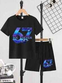 Bộ 2 món dành cho bé trai tuổi teen, phong cách thường ngày, sáng tạo, cá tính, tươi mới, cao cấp, đơn giản, in hình số 67, vũ trụ, hành tinh, khẩu hiệu chữ cái, trang phục thoải mái ấm áp cho mùa hè và mùa thu, thích hợp mặc hàng ngày cho bé trai. - màu đen - Xem 4