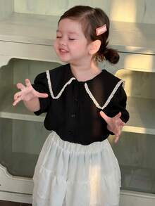 DAZY Baby Girl Peter Pan Collar Short Puff Sleeve Single-Breasted Cute Blouse - Black - View 6