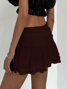 Aloruh 优雅荷叶边层叠下摆纹理雪纺迷你裙 - 咖啡棕 - 查看 6