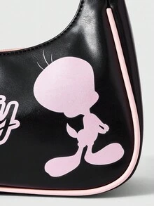 LOONEY TUNES X SHEIN 可爱樱桃印花，黑粉撞色腋下包，少女风，适合日常出行和约会 - 黑色配粉色 - 查看 4