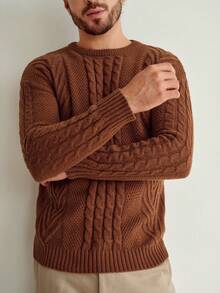 Manfinity Homme 男士纯色绞花休闲套头毛衣，长袖上衣 - 鏽棕色 - 查看 2